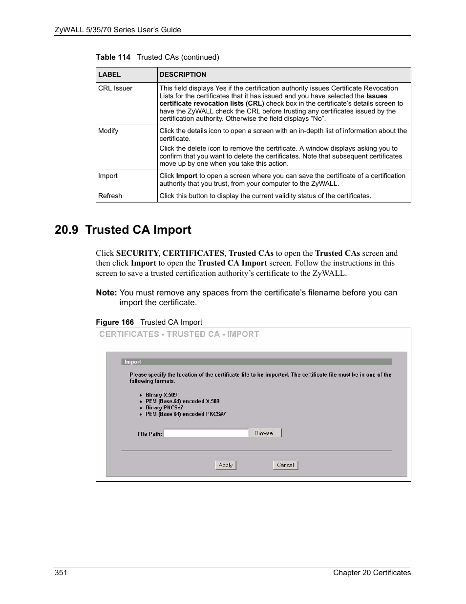 Figure 166 trusted ca import, 9 trusted ca import | ZyXEL Communications Internet Security Appliance ZyWALL5UTM 4.0 User Manual | Page 351 / 803