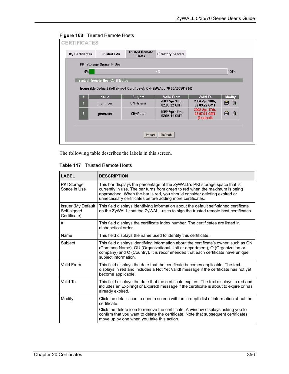 Figure 168 trusted remote hosts, Table 117 trusted remote hosts | ZyXEL Communications Internet Security Appliance ZyWALL5UTM 4.0 User Manual | Page 356 / 803
