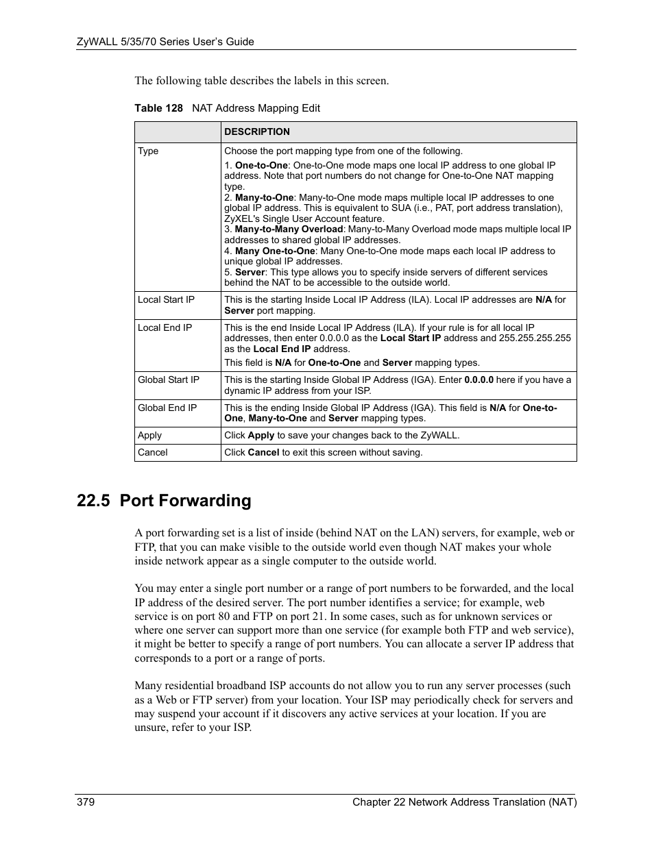 5 port forwarding, Table 128 nat address mapping edit | ZyXEL Communications Internet Security Appliance ZyWALL5UTM 4.0 User Manual | Page 379 / 803