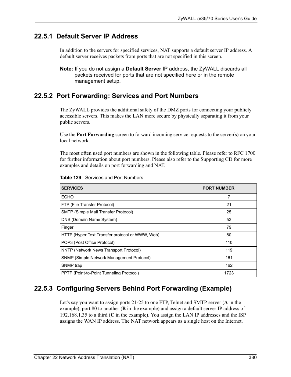 1 default server ip address, 2 port forwarding: services and port numbers, Table 129 services and port numbers | ZyXEL Communications Internet Security Appliance ZyWALL5UTM 4.0 User Manual | Page 380 / 803