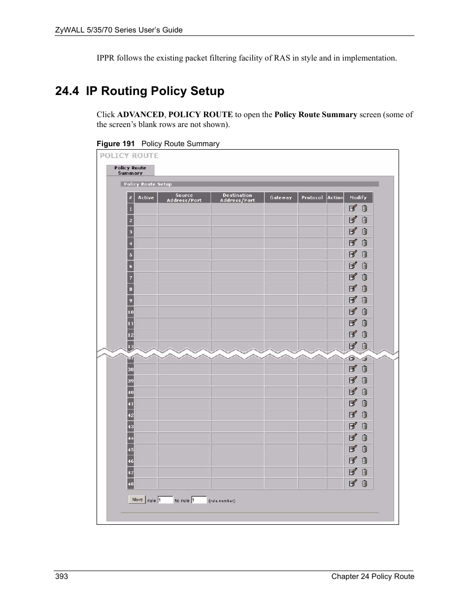 4 ip routing policy setup, Figure 191 policy route summary | ZyXEL Communications Internet Security Appliance ZyWALL5UTM 4.0 User Manual | Page 393 / 803