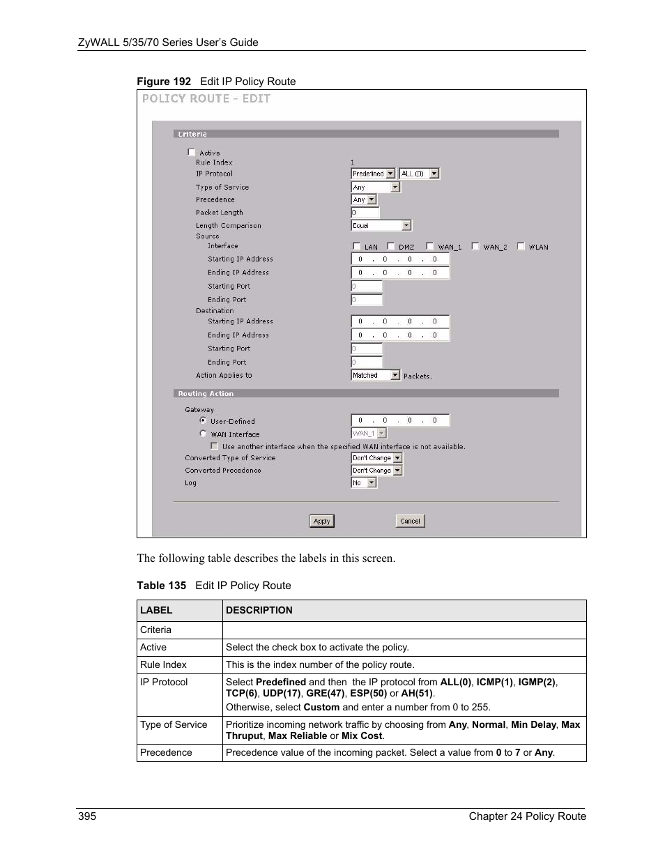 Figure 192 edit ip policy route, Table 135 edit ip policy route | ZyXEL Communications Internet Security Appliance ZyWALL5UTM 4.0 User Manual | Page 395 / 803