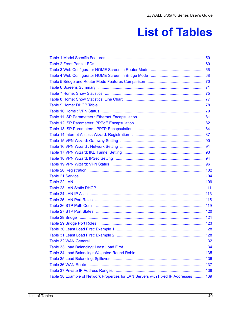 List of tables | ZyXEL Communications Internet Security Appliance ZyWALL5UTM 4.0 User Manual | Page 40 / 803