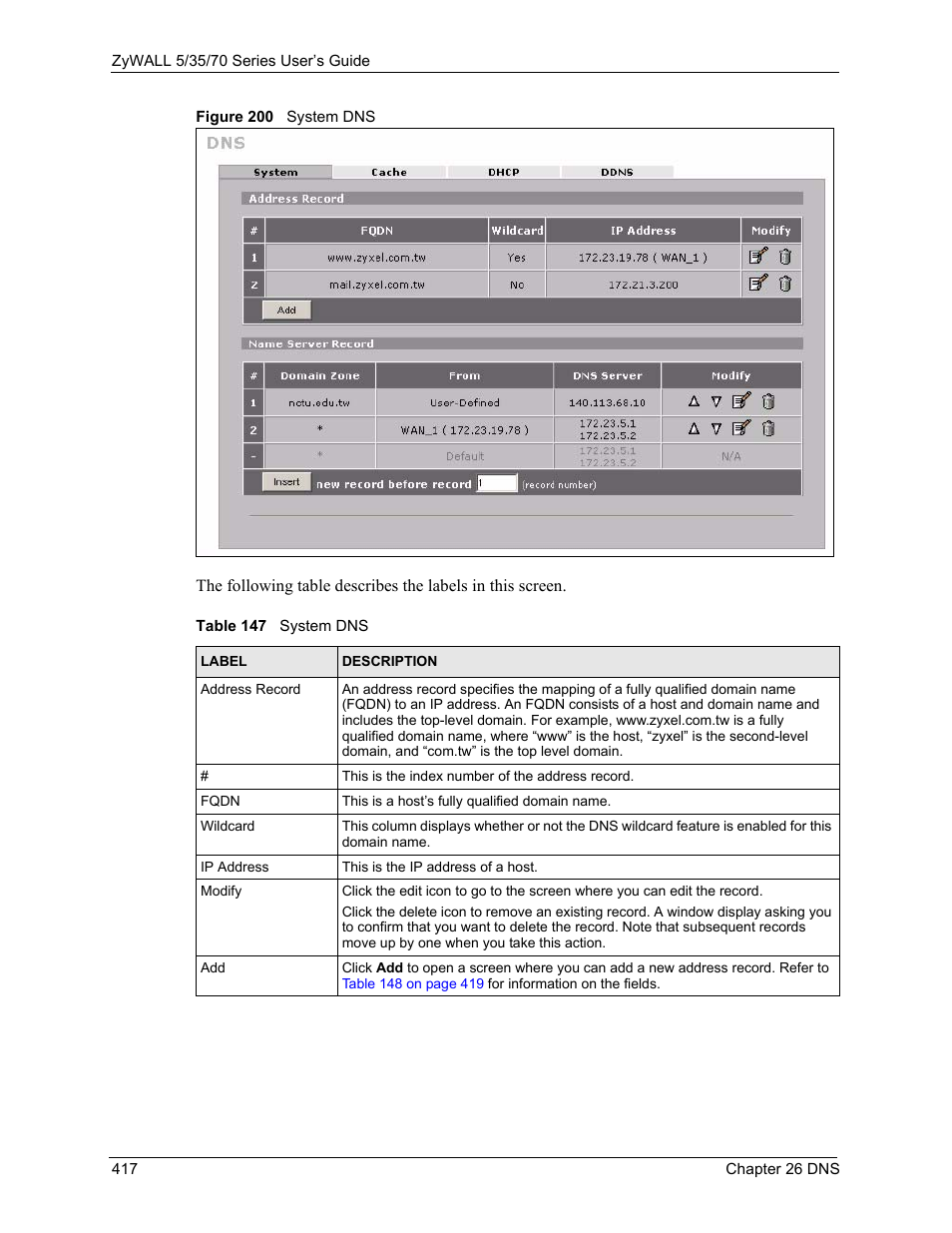 Figure 200 system dns, Table 147 system dns | ZyXEL Communications Internet Security Appliance ZyWALL5UTM 4.0 User Manual | Page 417 / 803