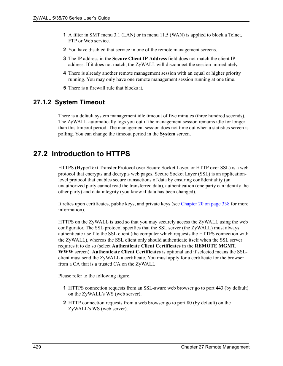 2 system timeout, 2 introduction to https | ZyXEL Communications Internet Security Appliance ZyWALL5UTM 4.0 User Manual | Page 429 / 803