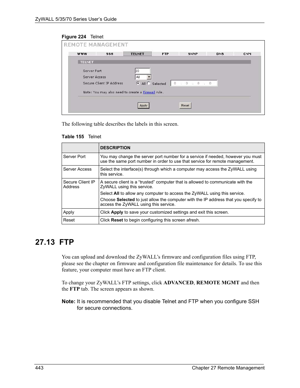 Figure 224 telnet, Table 155 telnet, 13 ftp | ZyXEL Communications Internet Security Appliance ZyWALL5UTM 4.0 User Manual | Page 443 / 803