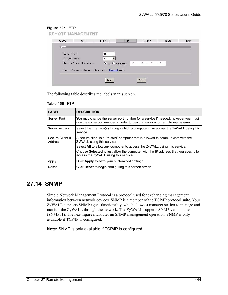 Figure 225 ftp, Table 156 ftp, 14 snmp | ZyXEL Communications Internet Security Appliance ZyWALL5UTM 4.0 User Manual | Page 444 / 803