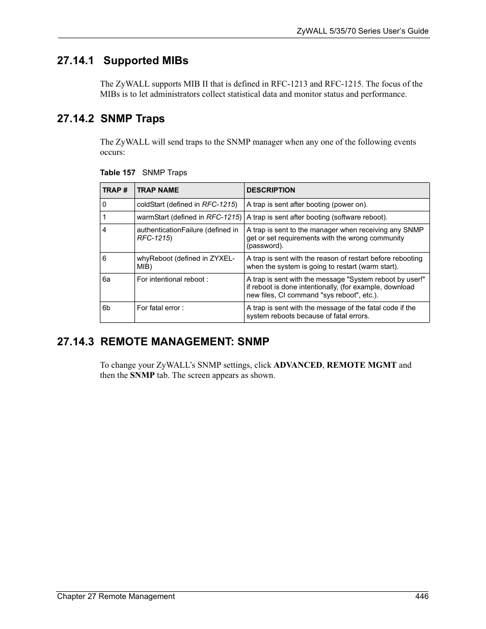 1 supported mibs, 2 snmp traps, 3 remote management: snmp | Table 157 snmp traps | ZyXEL Communications Internet Security Appliance ZyWALL5UTM 4.0 User Manual | Page 446 / 803