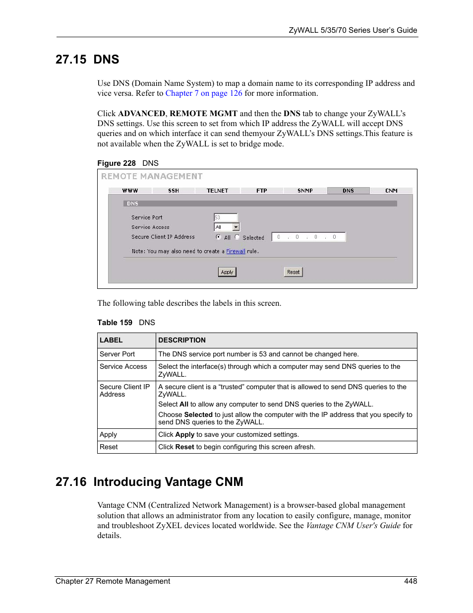 Figure 228 dns, Table 159 dns, 15 dns | 16 introducing vantage cnm | ZyXEL Communications Internet Security Appliance ZyWALL5UTM 4.0 User Manual | Page 448 / 803