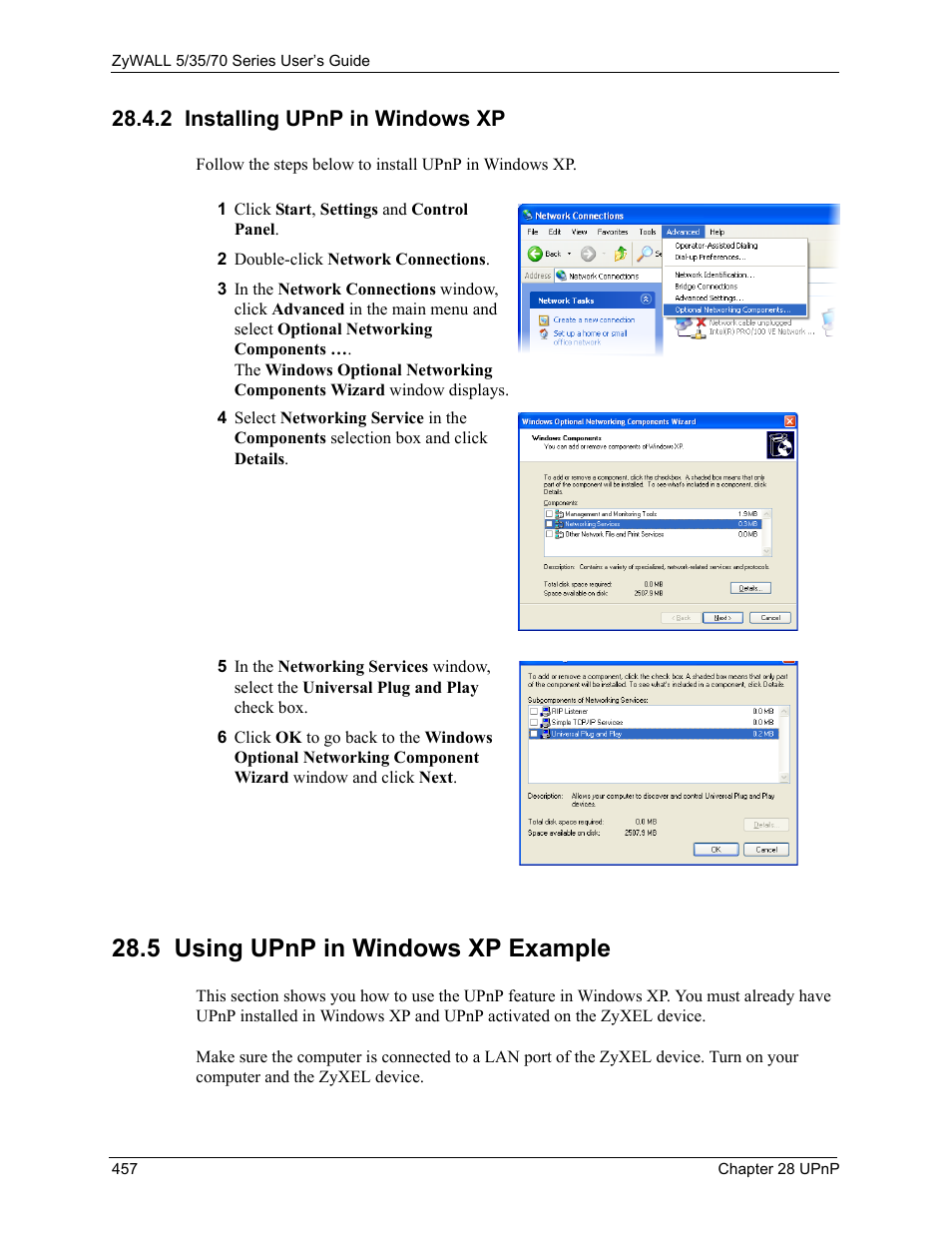2 installing upnp in windows xp, 5 using upnp in windows xp example | ZyXEL Communications Internet Security Appliance ZyWALL5UTM 4.0 User Manual | Page 457 / 803