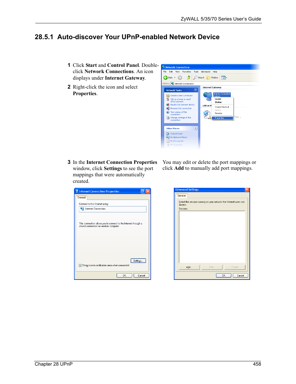 1 auto-discover your upnp-enabled network device | ZyXEL Communications Internet Security Appliance ZyWALL5UTM 4.0 User Manual | Page 458 / 803