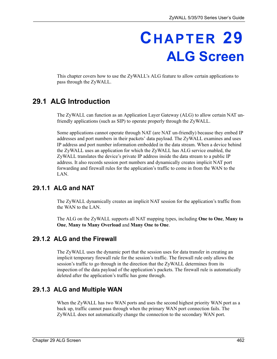 Alg screen, 1 alg and nat, 2 alg and the firewall | 3 alg and multiple wan, Chapter 29 alg screen | ZyXEL Communications Internet Security Appliance ZyWALL5UTM 4.0 User Manual | Page 462 / 803