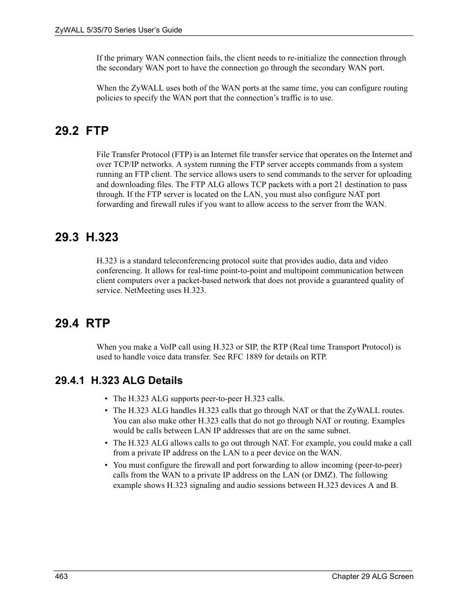 2 ftp, 3 h.323, 4 rtp | 1 h.323 alg details, 2 ftp 29.3 h.323 29.4 rtp | ZyXEL Communications Internet Security Appliance ZyWALL5UTM 4.0 User Manual | Page 463 / 803