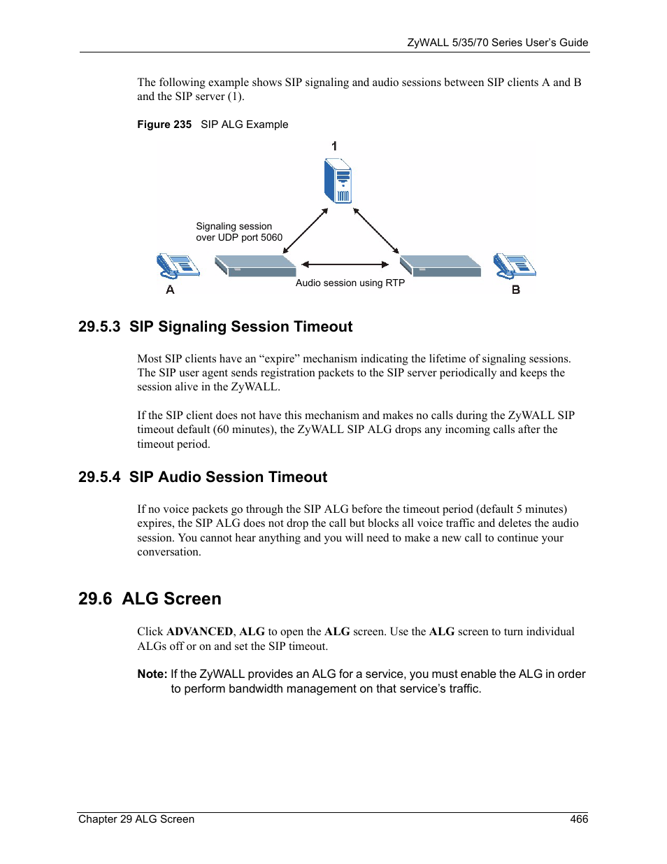 3 sip signaling session timeout, 4 sip audio session timeout, 6 alg screen | Figure 235 sip alg example | ZyXEL Communications Internet Security Appliance ZyWALL5UTM 4.0 User Manual | Page 466 / 803