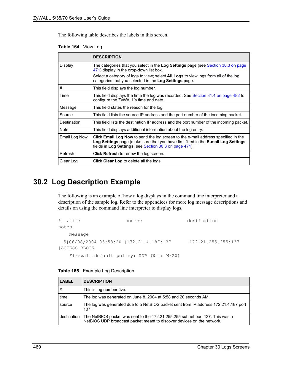 2 log description example | ZyXEL Communications Internet Security Appliance ZyWALL5UTM 4.0 User Manual | Page 469 / 803