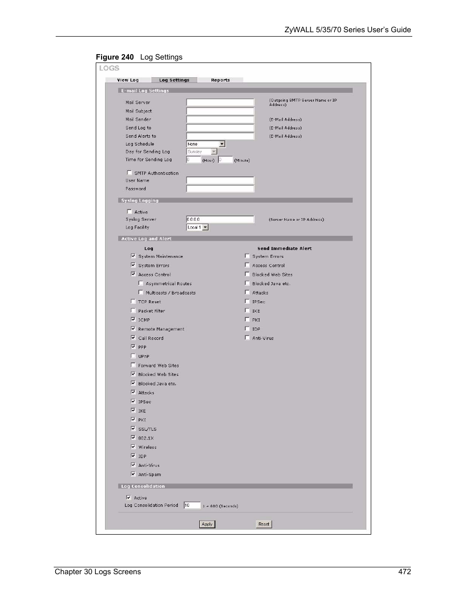 Figure 240 log settings | ZyXEL Communications Internet Security Appliance ZyWALL5UTM 4.0 User Manual | Page 472 / 803