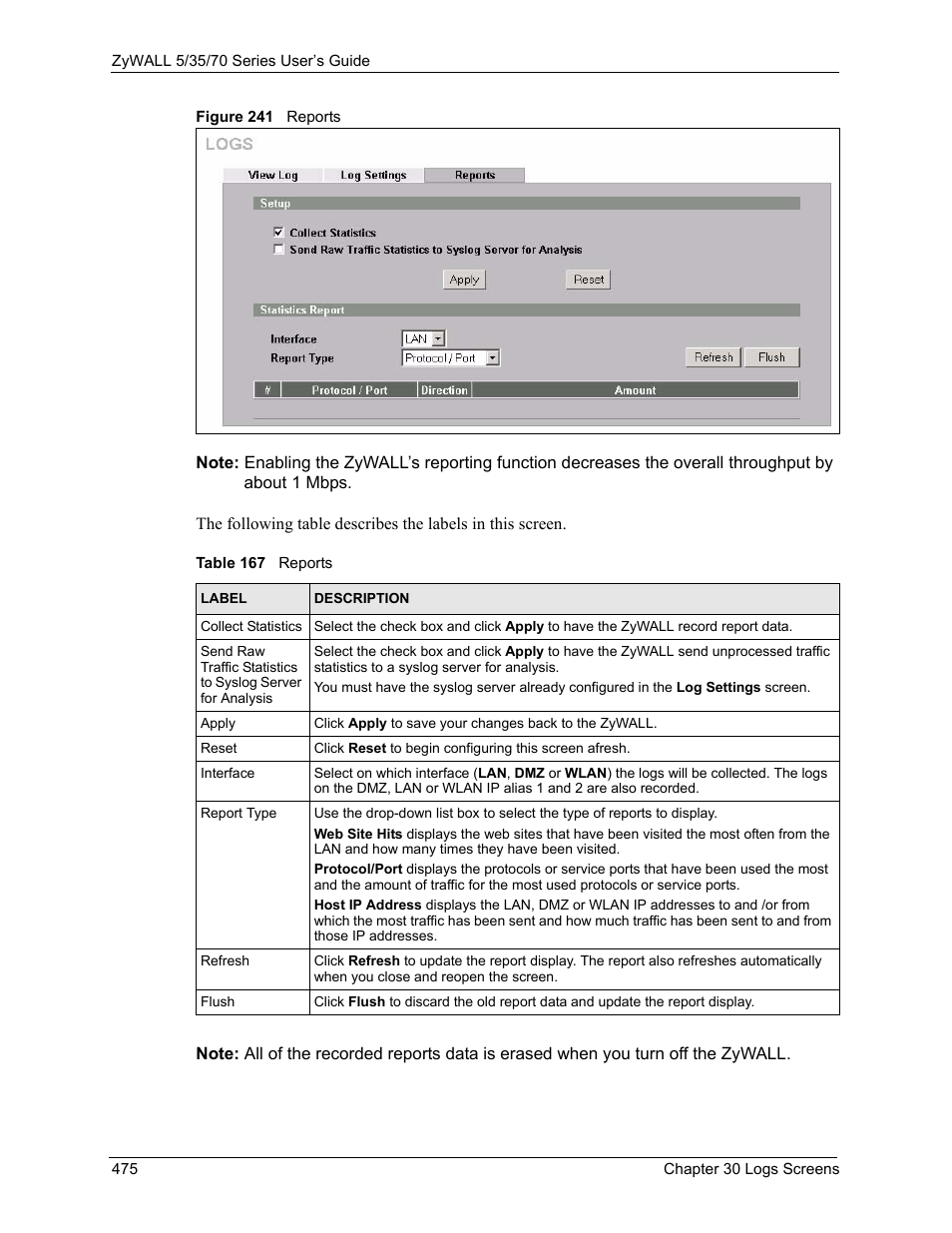 Figure 241 reports, Table 167 reports | ZyXEL Communications Internet Security Appliance ZyWALL5UTM 4.0 User Manual | Page 475 / 803