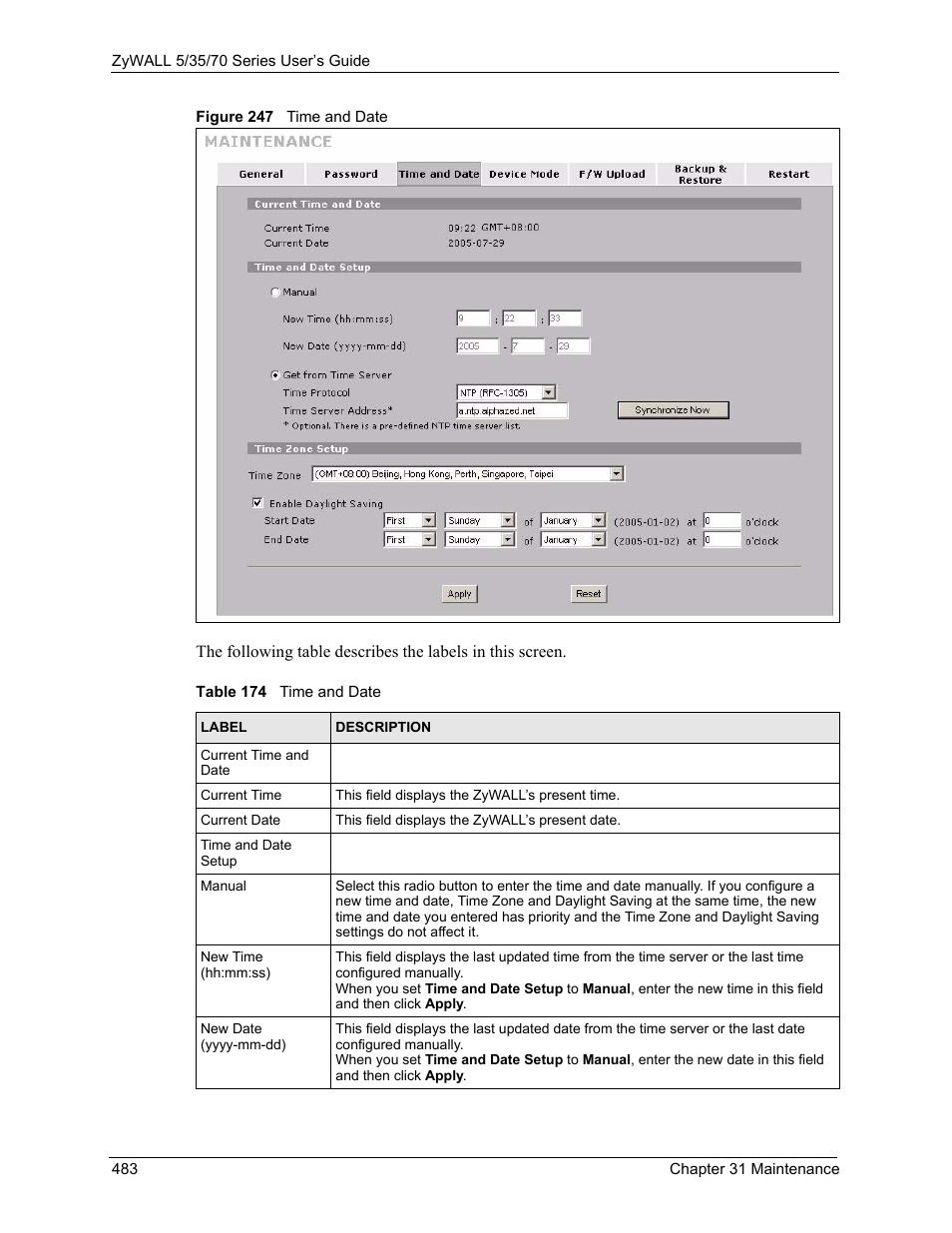 Figure 247 time and date, Table 174 time and date | ZyXEL Communications Internet Security Appliance ZyWALL5UTM 4.0 User Manual | Page 483 / 803