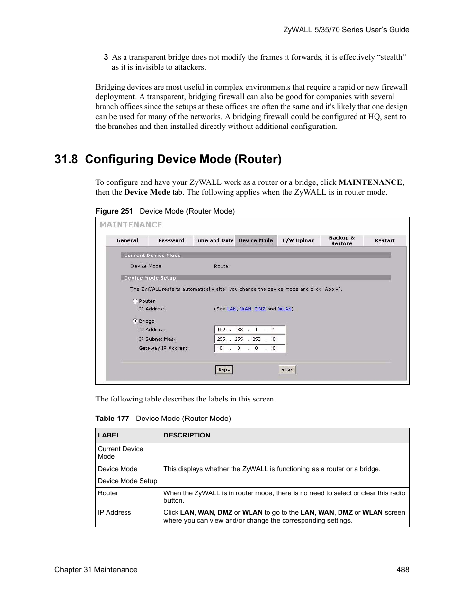 Figure 251 device mode (router mode), Table 177 device mode (router mode), 8 configuring device mode (router) | ZyXEL Communications Internet Security Appliance ZyWALL5UTM 4.0 User Manual | Page 488 / 803