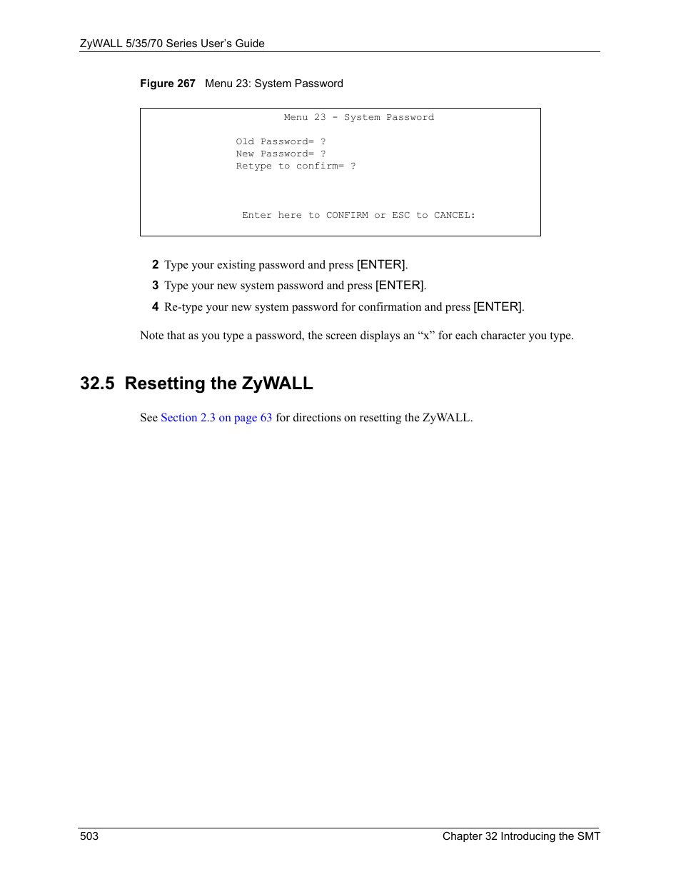 5 resetting the zywall, Figure 267 menu 23: system password | ZyXEL Communications Internet Security Appliance ZyWALL5UTM 4.0 User Manual | Page 503 / 803