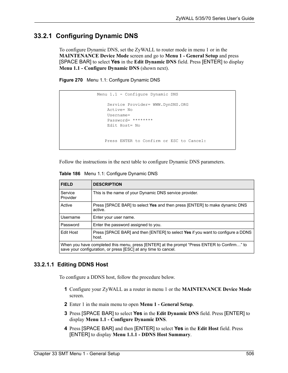 1 configuring dynamic dns, 1 editing ddns host, Figure 270 menu 1.1: configure dynamic dns | Table 186 menu 1.1: configure dynamic dns | ZyXEL Communications Internet Security Appliance ZyWALL5UTM 4.0 User Manual | Page 506 / 803