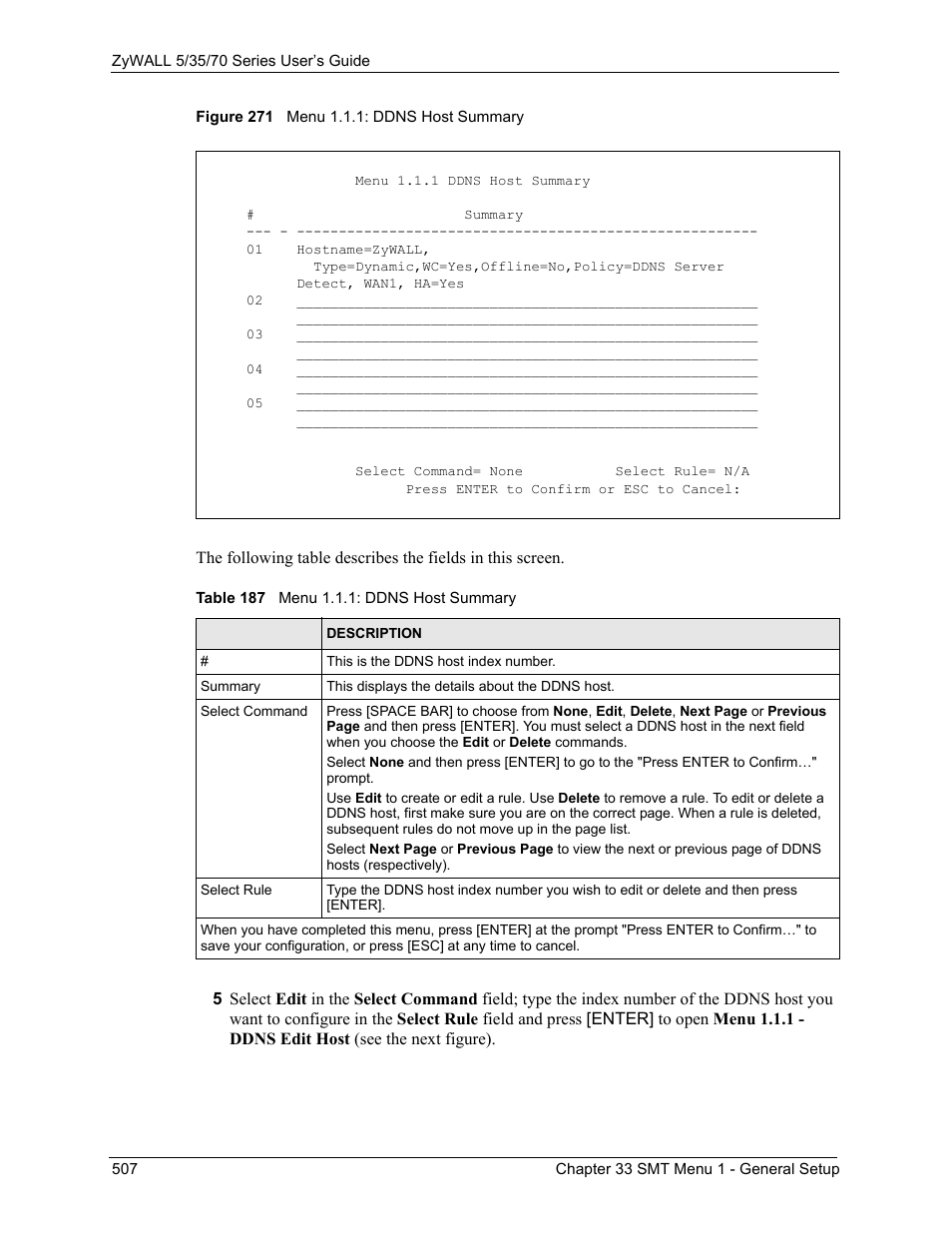 Figure 271 menu 1.1.1: ddns host summary, Table 187 menu 1.1.1: ddns host summary | ZyXEL Communications Internet Security Appliance ZyWALL5UTM 4.0 User Manual | Page 507 / 803