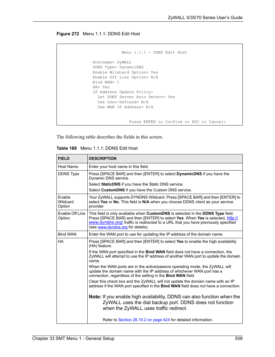 Figure 272 menu 1.1.1: ddns edit host, Table 188 menu 1.1.1: ddns edit host | ZyXEL Communications Internet Security Appliance ZyWALL5UTM 4.0 User Manual | Page 508 / 803