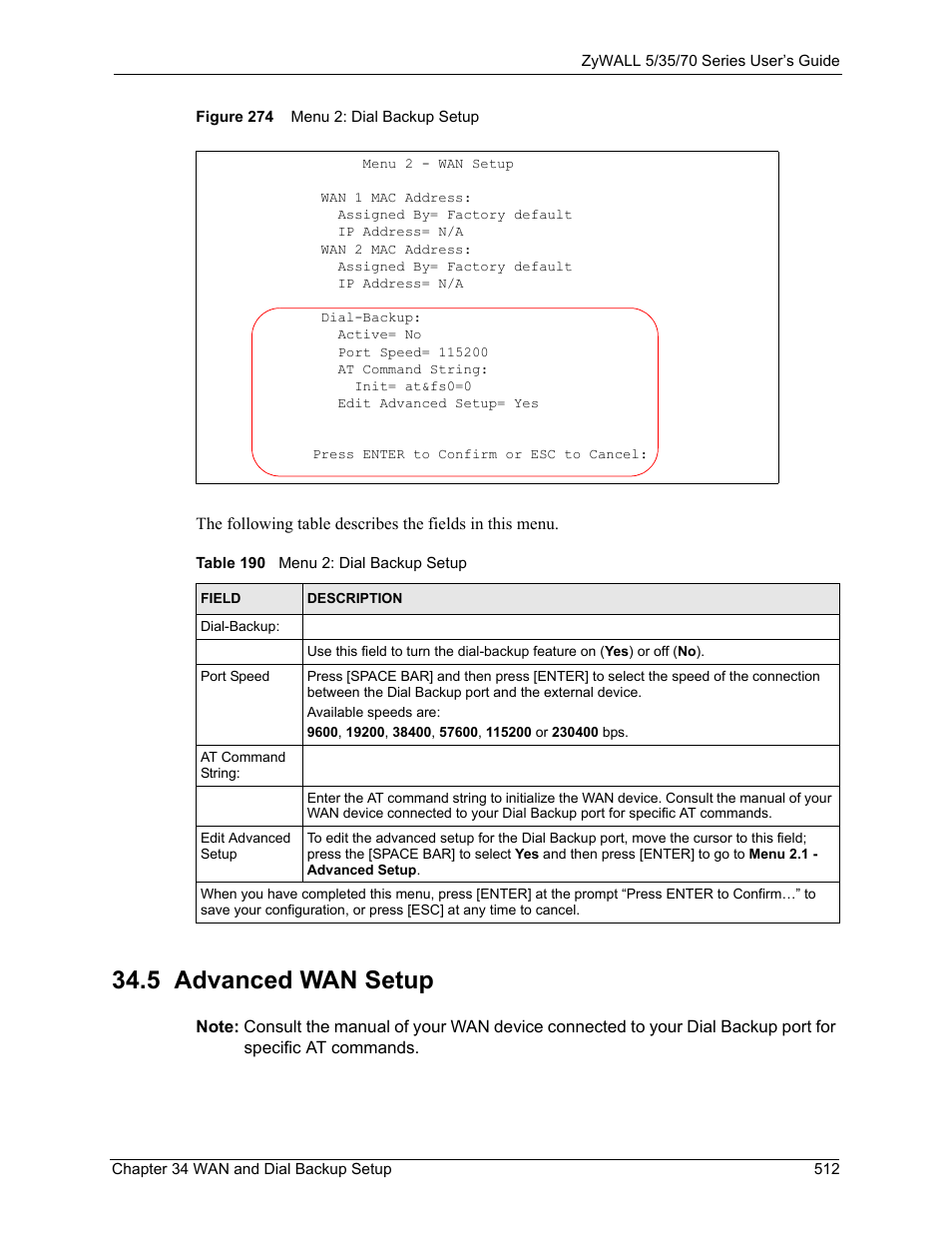 5 advanced wan setup, Figure 274 menu 2: dial backup setup, Table 190 menu 2: dial backup setup | ZyXEL Communications Internet Security Appliance ZyWALL5UTM 4.0 User Manual | Page 512 / 803