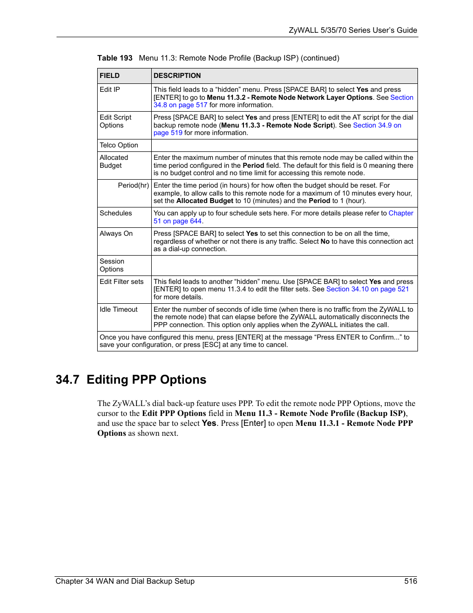7 editing ppp options | ZyXEL Communications Internet Security Appliance ZyWALL5UTM 4.0 User Manual | Page 516 / 803