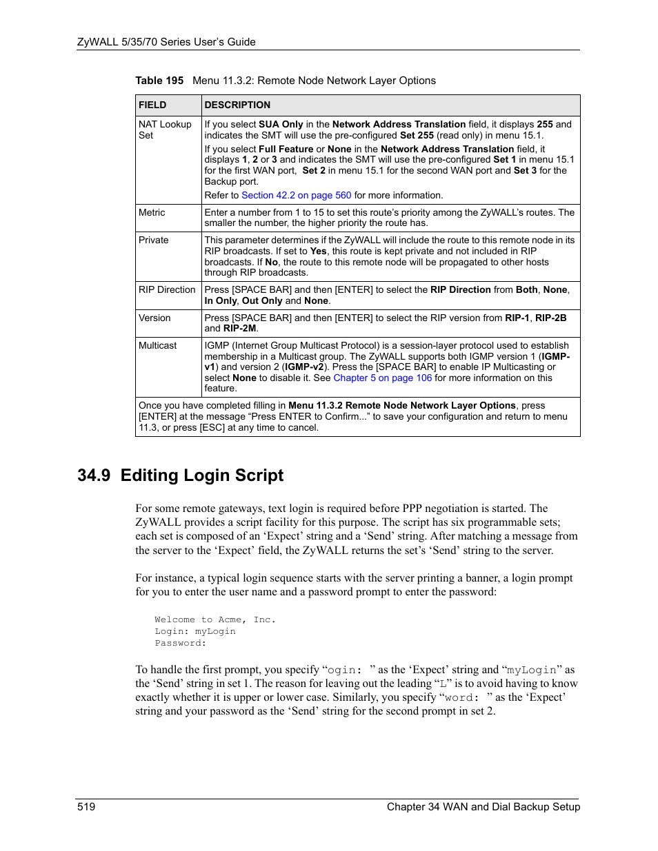 9 editing login script, Section 34.9 on | ZyXEL Communications Internet Security Appliance ZyWALL5UTM 4.0 User Manual | Page 519 / 803