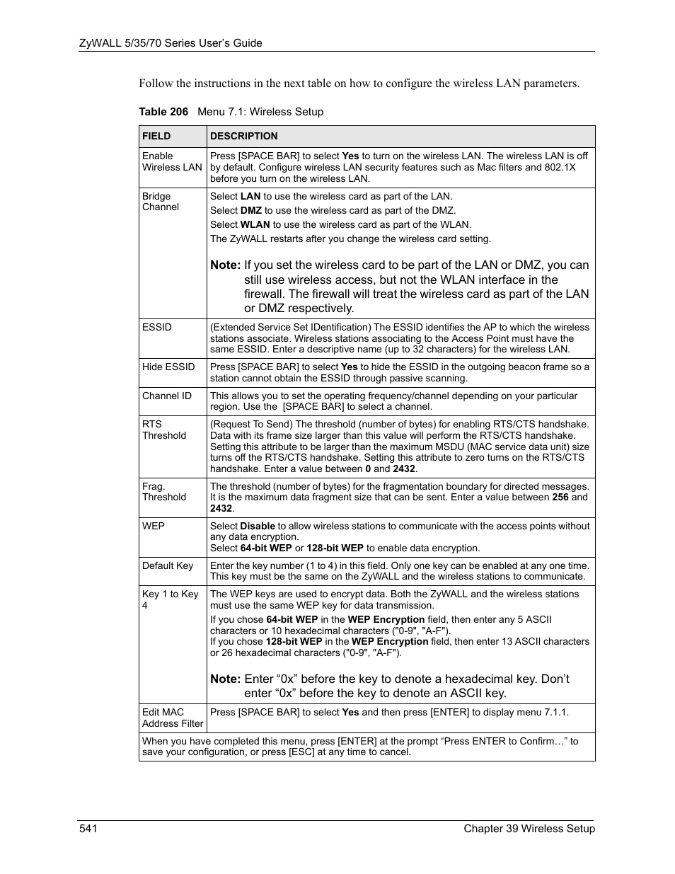 Table 206 menu 7.1: wireless setup | ZyXEL Communications Internet Security Appliance ZyWALL5UTM 4.0 User Manual | Page 541 / 803