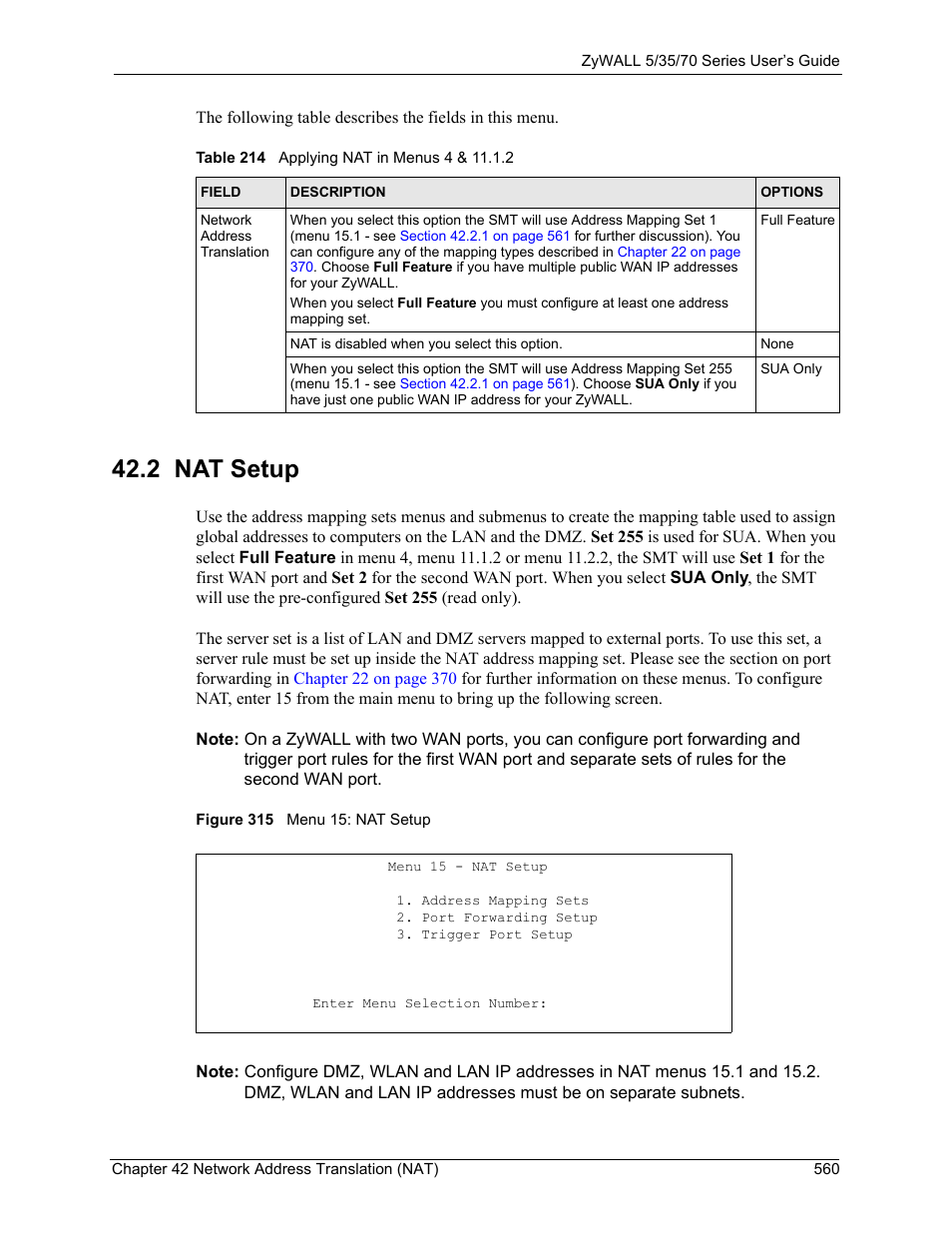 2 nat setup, Figure 315 menu 15: nat setup, Table 214 applying nat in menus 4 & 11.1.2 | ZyXEL Communications Internet Security Appliance ZyWALL5UTM 4.0 User Manual | Page 560 / 803