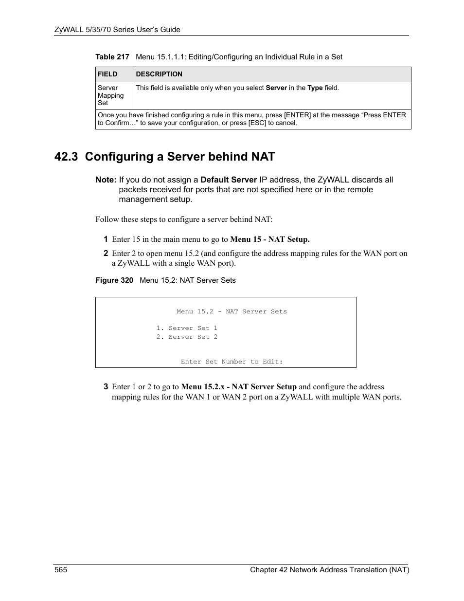 3 configuring a server behind nat, Figure 320 menu 15.2: nat server sets | ZyXEL Communications Internet Security Appliance ZyWALL5UTM 4.0 User Manual | Page 565 / 803
