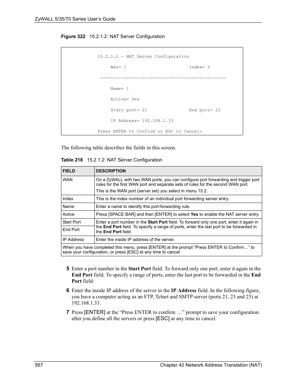 Figure 322 15.2.1.2: nat server configuration, Table 218 15.2.1.2: nat server configuration | ZyXEL Communications Internet Security Appliance ZyWALL5UTM 4.0 User Manual | Page 567 / 803
