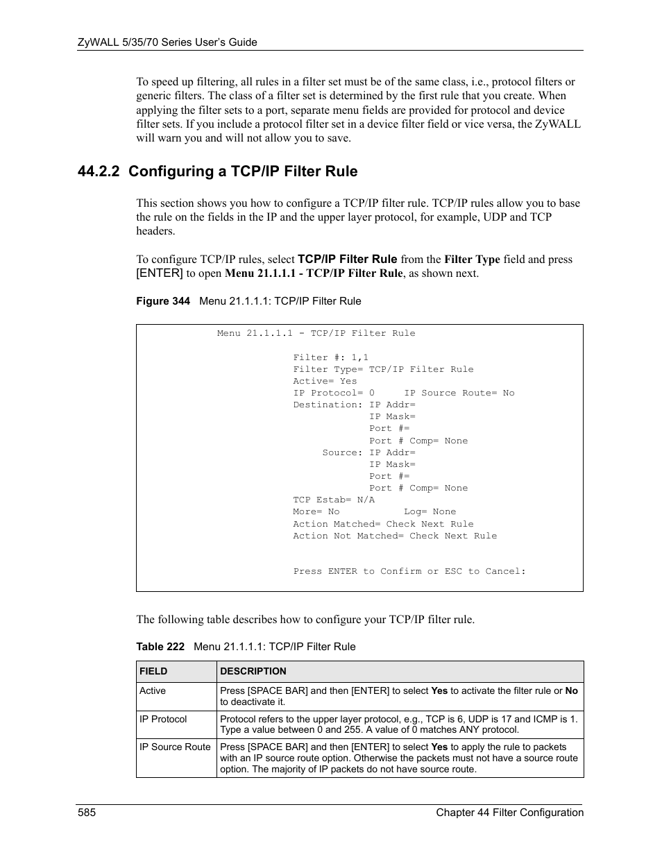 2 configuring a tcp/ip filter rule, Figure 344 menu 21.1.1.1: tcp/ip filter rule, Table 222 menu 21.1.1.1: tcp/ip filter rule | ZyXEL Communications Internet Security Appliance ZyWALL5UTM 4.0 User Manual | Page 585 / 803