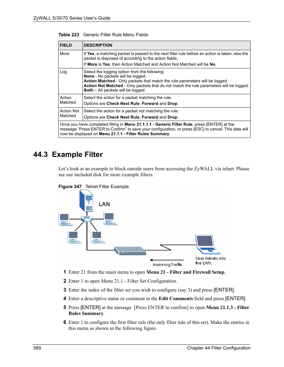 3 example filter, Figure 347 telnet filter example | ZyXEL Communications Internet Security Appliance ZyWALL5UTM 4.0 User Manual | Page 589 / 803