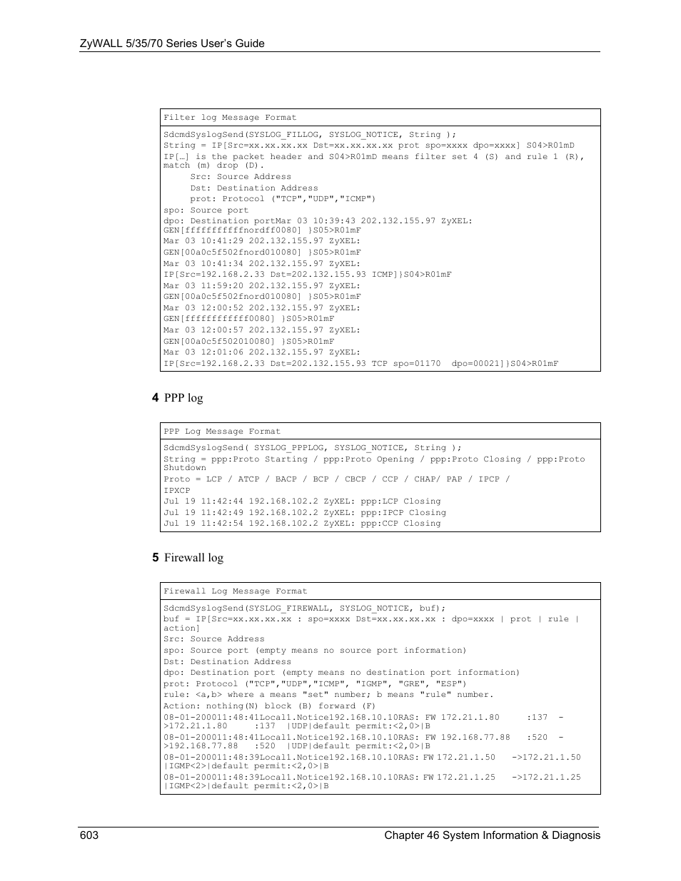 4 ppp log, 5 firewall log | ZyXEL Communications Internet Security Appliance ZyWALL5UTM 4.0 User Manual | Page 603 / 803