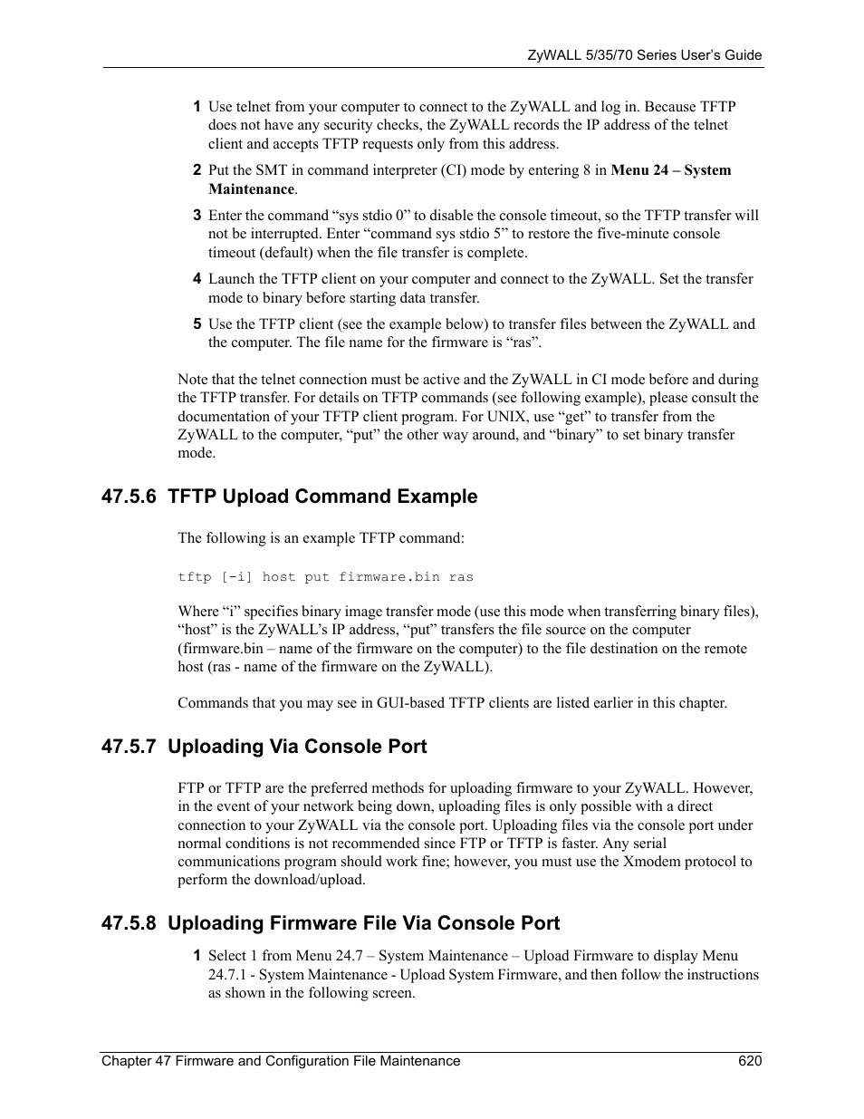 6 tftp upload command example, 7 uploading via console port, 8 uploading firmware file via console port | ZyXEL Communications Internet Security Appliance ZyWALL5UTM 4.0 User Manual | Page 620 / 803