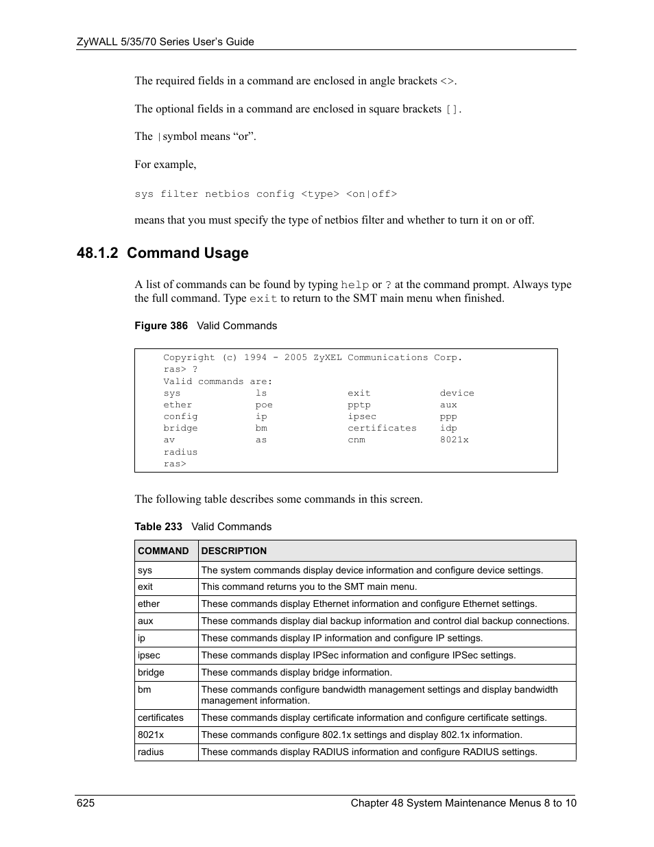 2 command usage, Figure 386 valid commands, Table 233 valid commands | ZyXEL Communications Internet Security Appliance ZyWALL5UTM 4.0 User Manual | Page 625 / 803