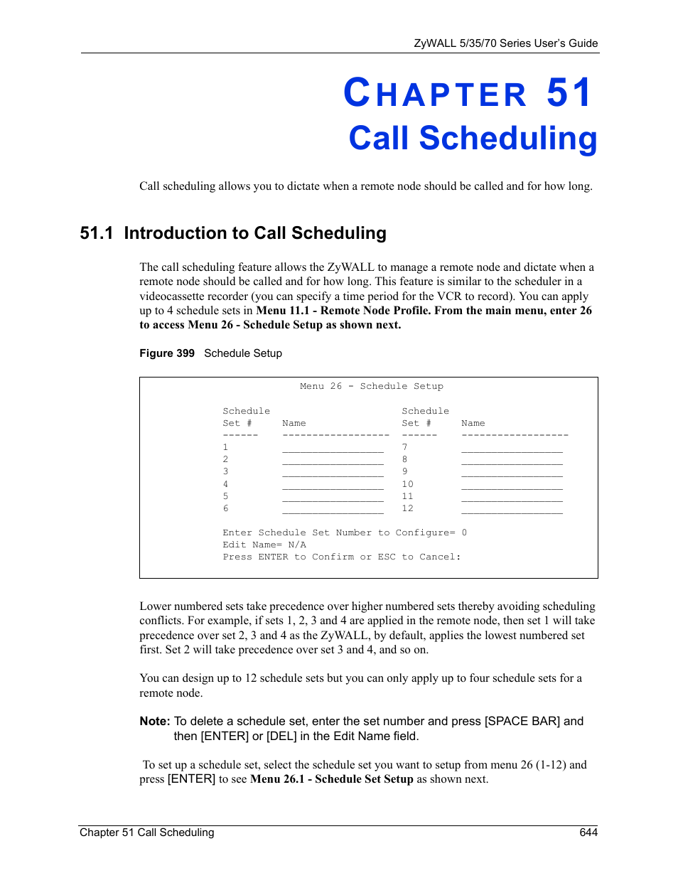 Call scheduling, 1 introduction to call scheduling, Chapter 51 call scheduling | Figure 399 schedule setup, Chapter, Chapter 51 | ZyXEL Communications Internet Security Appliance ZyWALL5UTM 4.0 User Manual | Page 644 / 803