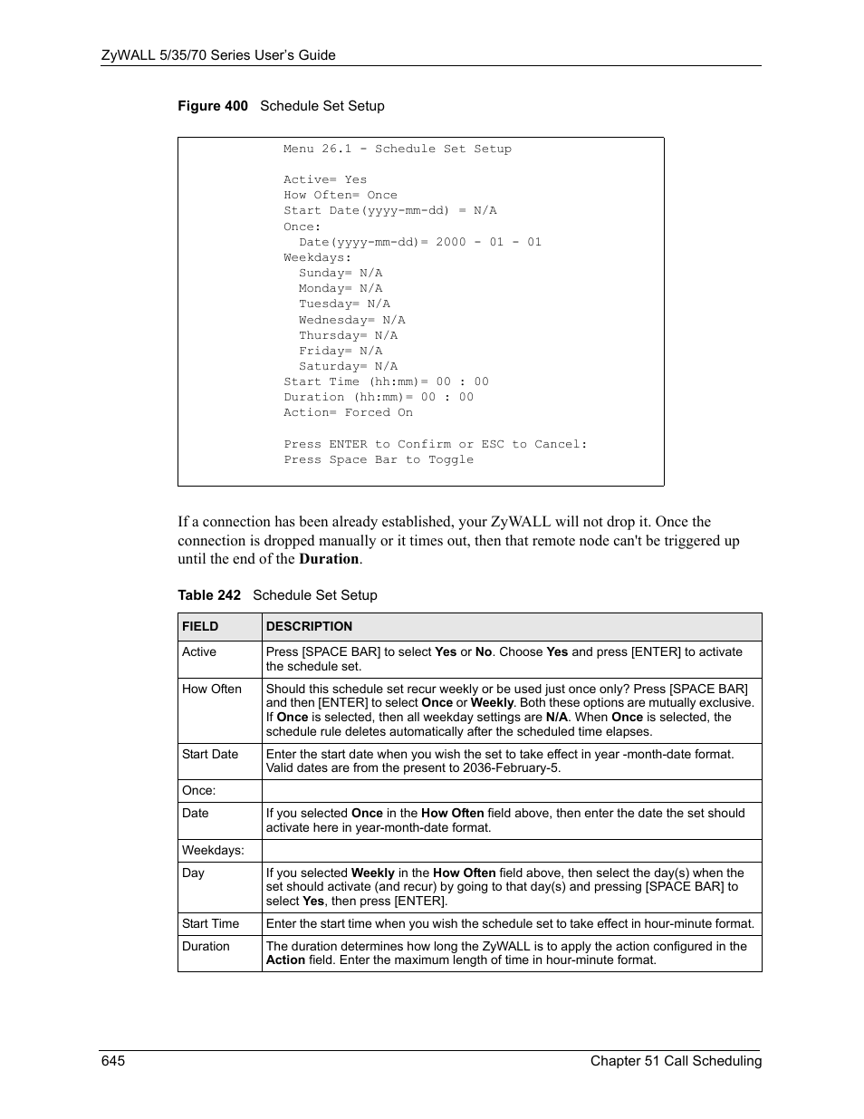 Figure 400 schedule set setup, Table 242 schedule set setup | ZyXEL Communications Internet Security Appliance ZyWALL5UTM 4.0 User Manual | Page 645 / 803
