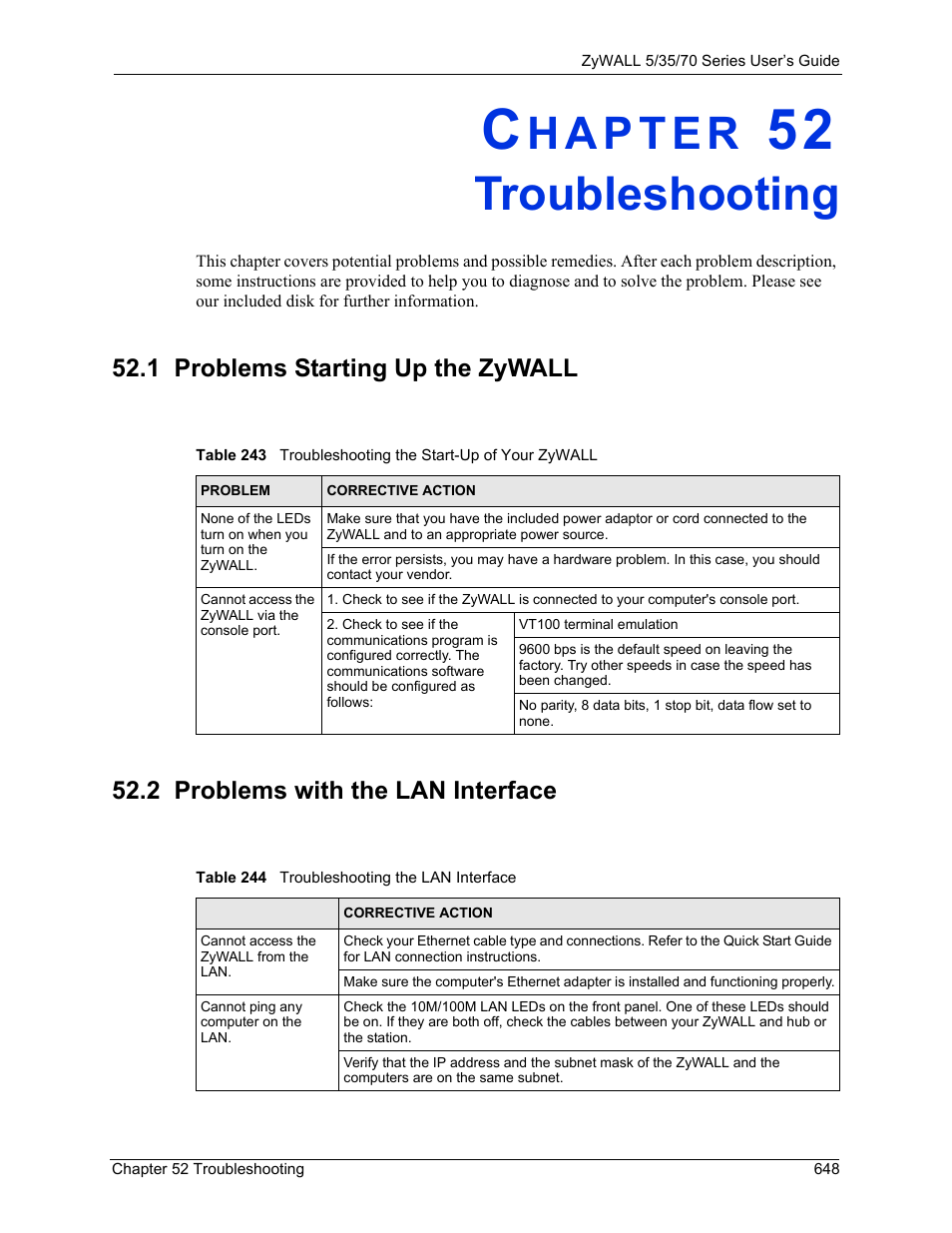 Troubleshooting, 1 problems starting up the zywall, 2 problems with the lan interface | Chapter 52 troubleshooting | ZyXEL Communications Internet Security Appliance ZyWALL5UTM 4.0 User Manual | Page 648 / 803