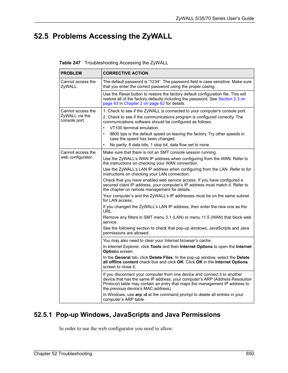 5 problems accessing the zywall, 1 pop-up windows, javascripts and java permissions, Table 247 troubleshooting accessing the zywall | ZyXEL Communications Internet Security Appliance ZyWALL5UTM 4.0 User Manual | Page 650 / 803