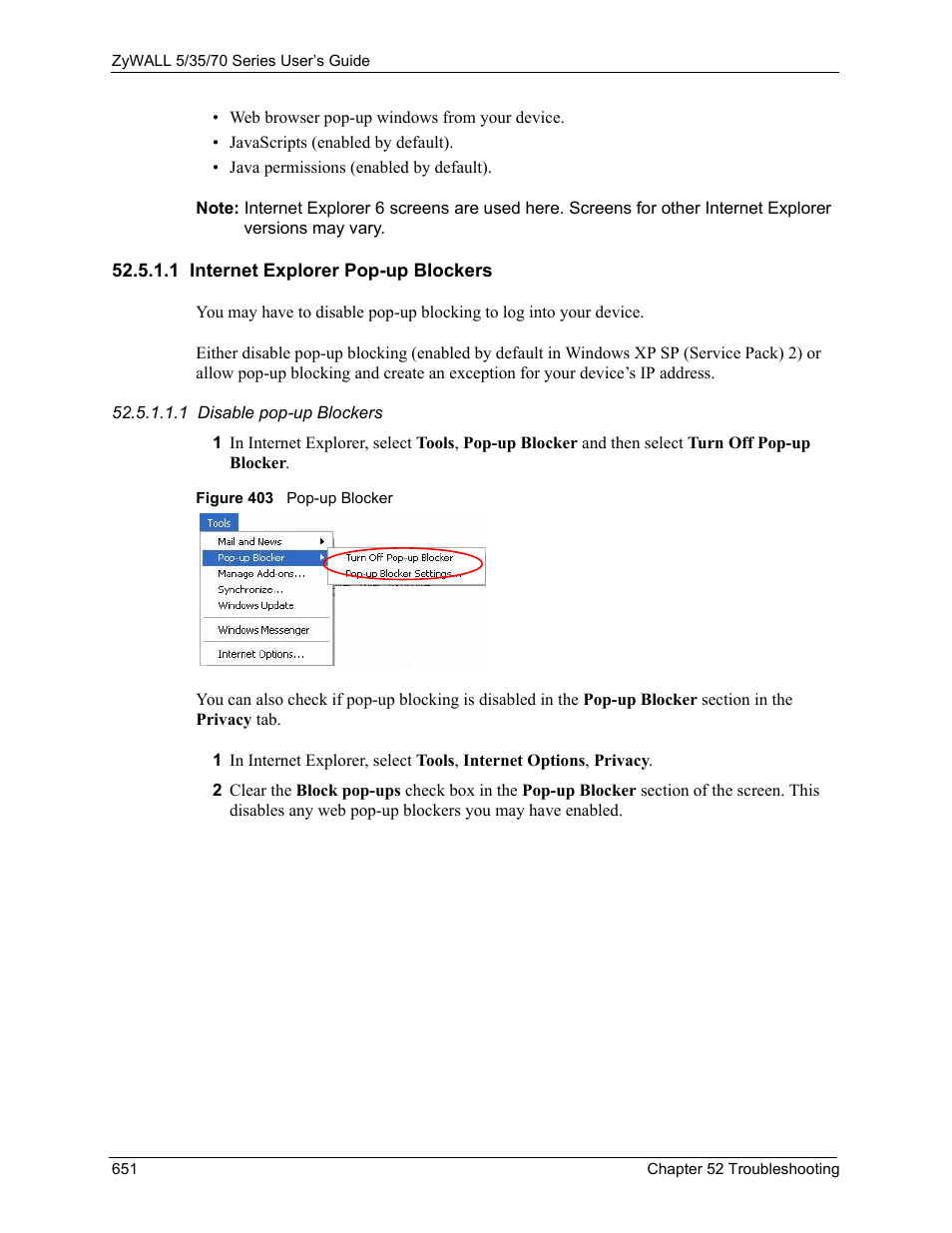 1 internet explorer pop-up blockers, Figure 403 pop-up blocker | ZyXEL Communications Internet Security Appliance ZyWALL5UTM 4.0 User Manual | Page 651 / 803