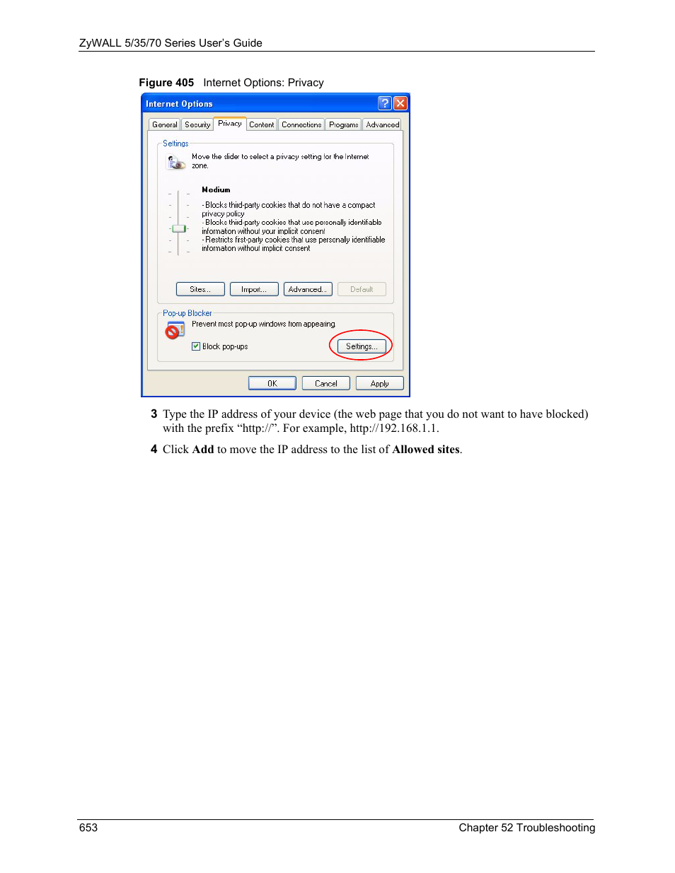 Figure 405 internet options: privacy | ZyXEL Communications Internet Security Appliance ZyWALL5UTM 4.0 User Manual | Page 653 / 803