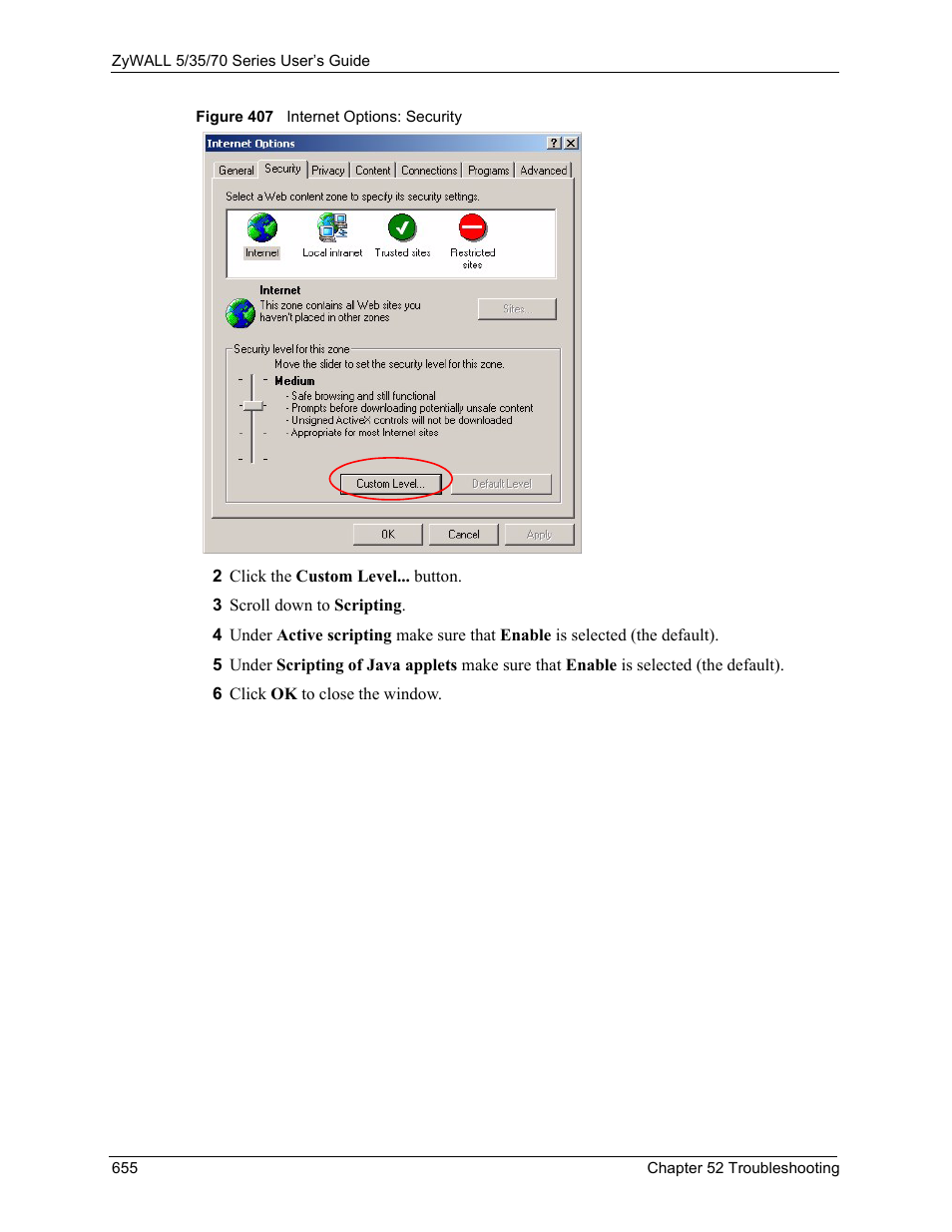 Figure 407 internet options: security | ZyXEL Communications Internet Security Appliance ZyWALL5UTM 4.0 User Manual | Page 655 / 803