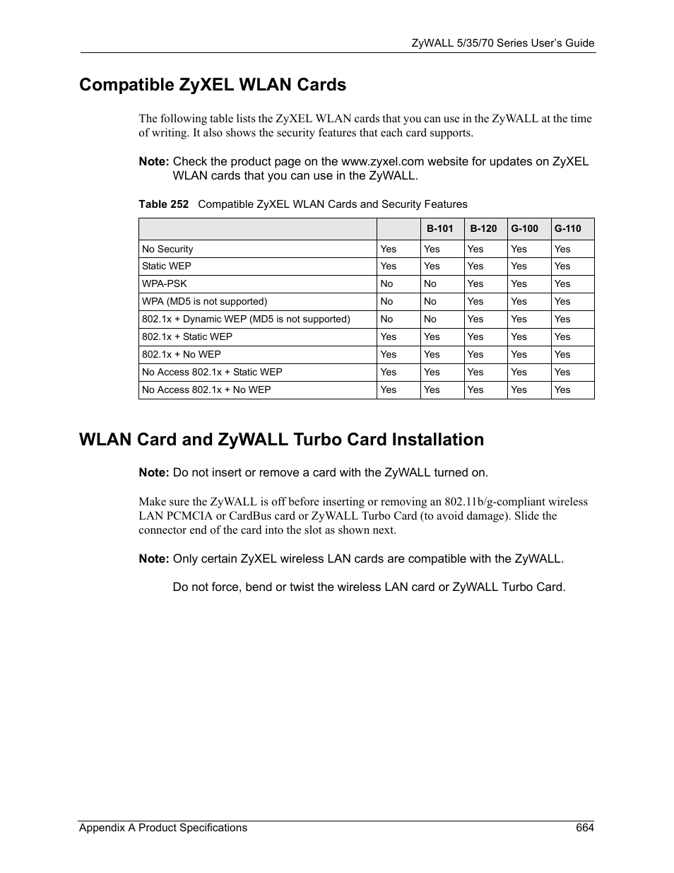 Compatible zyxel wlan cards, Wlan card and zywall turbo card installation | ZyXEL Communications Internet Security Appliance ZyWALL5UTM 4.0 User Manual | Page 664 / 803