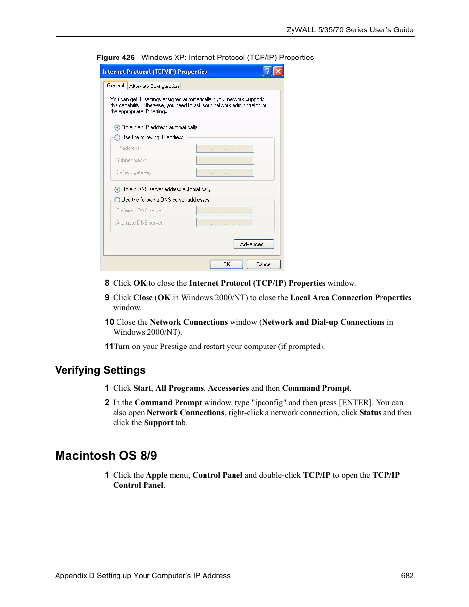 Verifying settings, Macintosh os 8/9 | ZyXEL Communications Internet Security Appliance ZyWALL5UTM 4.0 User Manual | Page 682 / 803