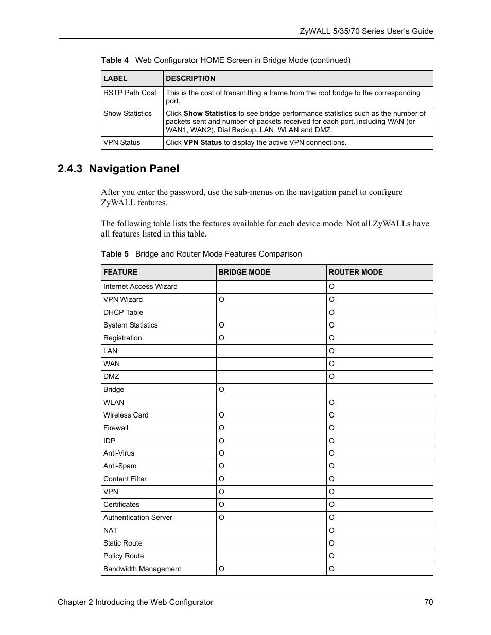 3 navigation panel, Table 5 bridge and router mode features comparison | ZyXEL Communications Internet Security Appliance ZyWALL5UTM 4.0 User Manual | Page 70 / 803