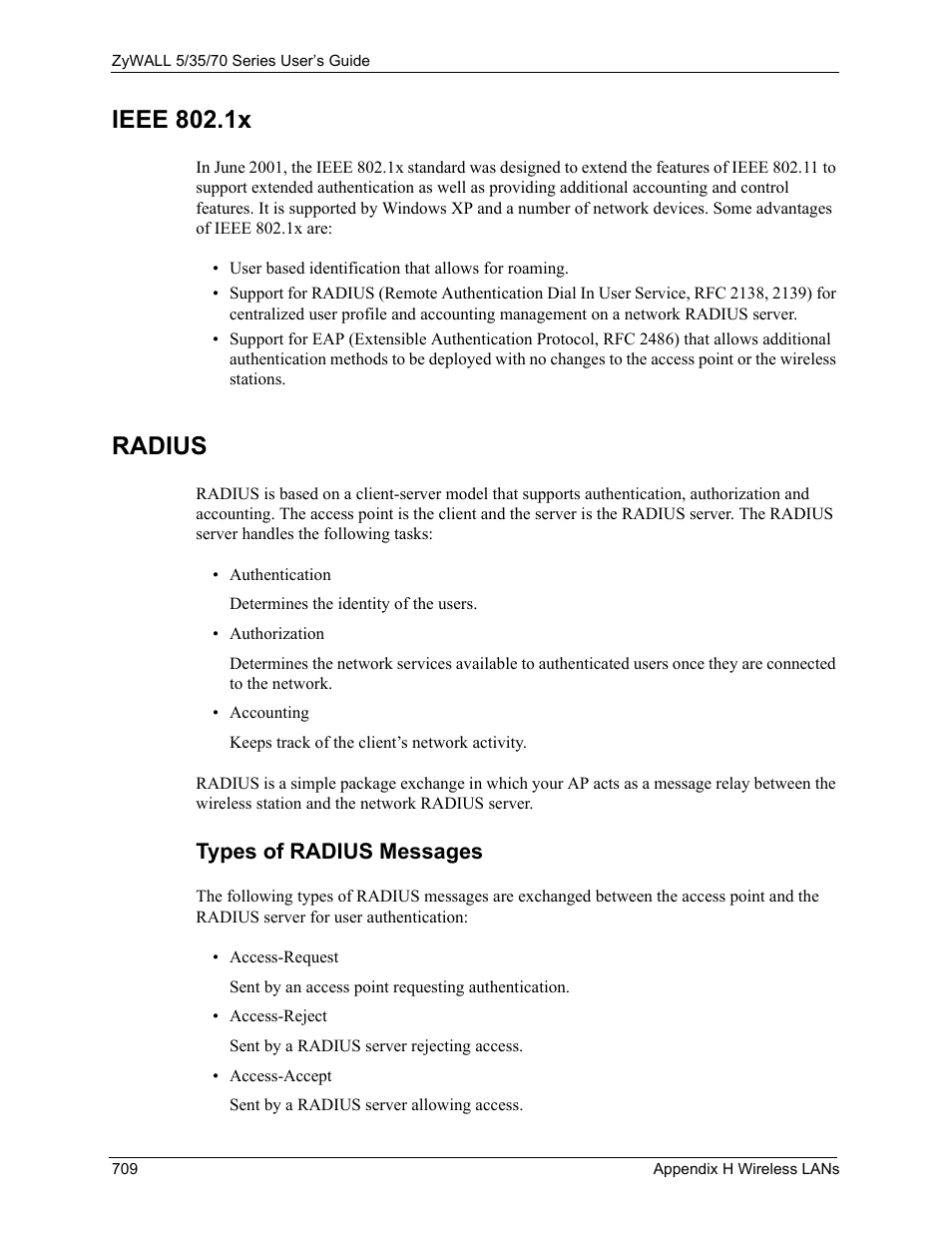 Ieee 802.1x, Radius, Types of radius messages | ZyXEL Communications Internet Security Appliance ZyWALL5UTM 4.0 User Manual | Page 709 / 803